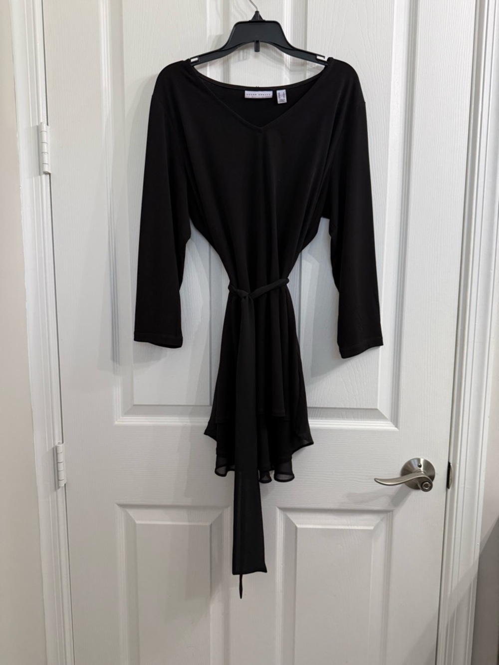 Susan Graver Black Long-Sleeve V-Neck Tie-Waist Top